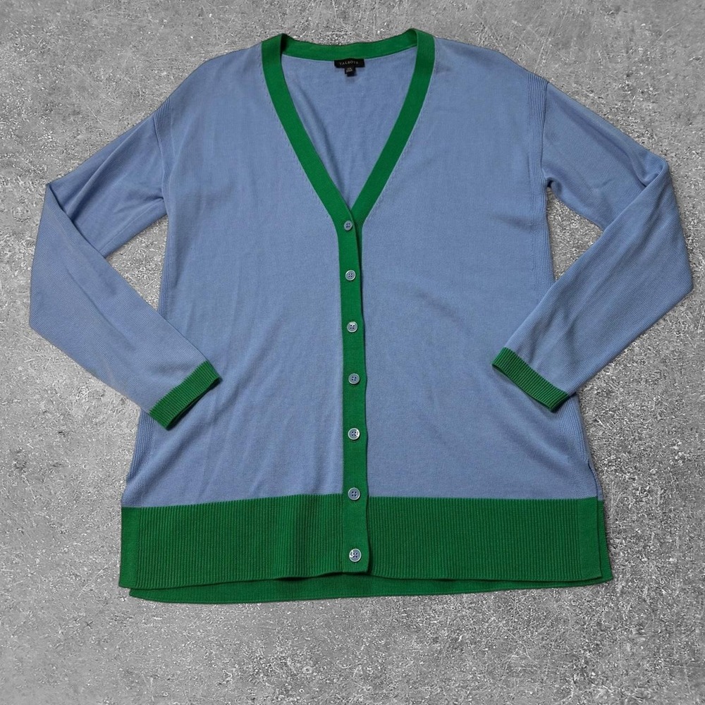 Talbots Blue Green Colorblock Cardigan Sweater V-Neck Button Front XS